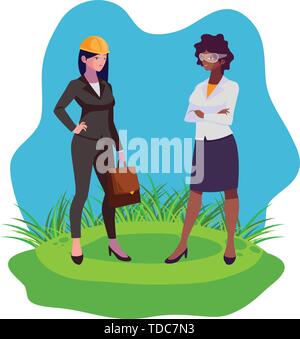 interracial female engineers workers characters on the lawn vector illustration Stock Vector