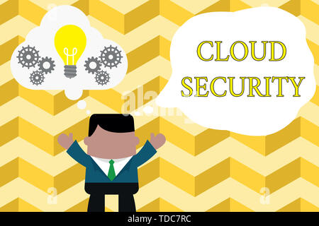 Handwriting text writing Cloud Security. Conceptual photo Protect the stored information safe Controlled technology Standing man suit hands up imagina Stock Photo