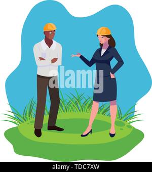 afro male builder with female engineer characters vector illustration design Stock Vector