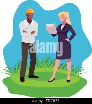 afro male builder with female engineer characters vector illustration design Stock Vector