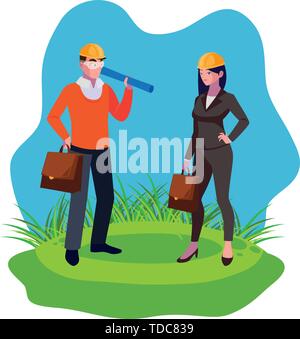 female engineer worker with architect on the lawn vector illustration design Stock Vector