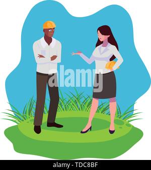 afro male builder with female engineer characters vector illustration design Stock Vector