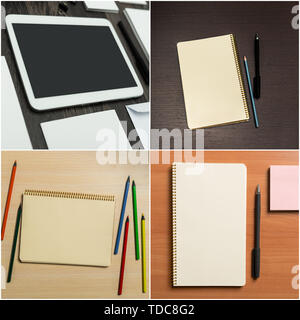 Mix of office supplies and gadgets on a wooden desk background Stock Photo