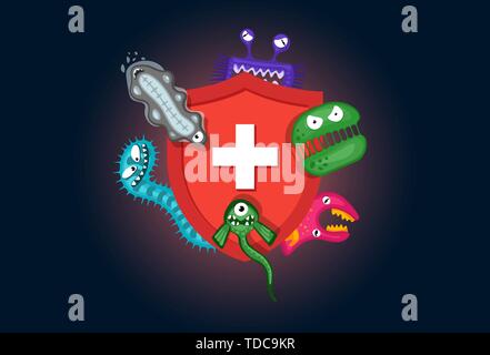 Immune system concept. Hygienic medical red shield protecting from virus germs and bacteria. Flat eps vector illustration on dark background Stock Vector