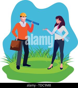 female engineer worker with architect on the lawn vector illustration design Stock Vector