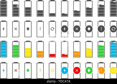 Battery charge indicator colorful icon set. Charging level full power low to high electric plug and lightning. Gadgets alkaline energy status vector e Stock Vector