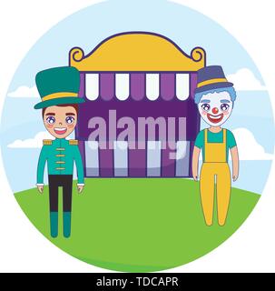 circus presenter male with clown and tent circus vector illustration design Stock Vector