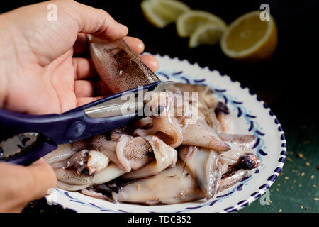 closeup of a caucasian man gutting some raw cuttlefishes with a pair of scissors, on a dark green table Stock Photo