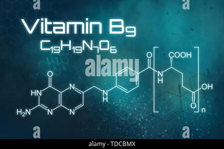 Chemical formula of Vitamin B9 on a futuristic background Stock Photo