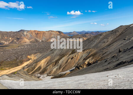 Landmannalaugar National Park - Iceland. Rainbow Mountains. Aerial view of beautiful colorful volcanic mountains. Summer time. Stock Photo