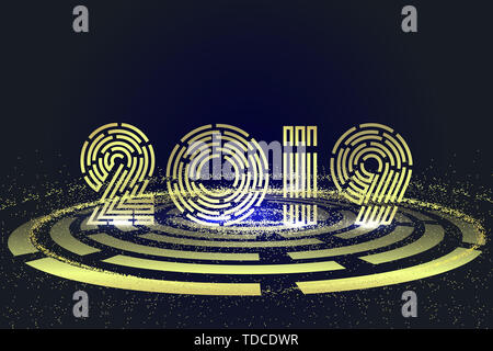 The golden 2019 is surrounded by gold dynamic particles. Stock Photo