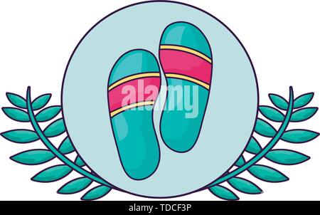 summer flip flops in frame circular with leafs vector illustration design Stock Vector