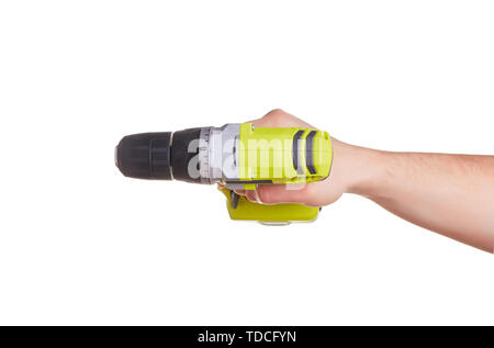 Male hand holding a cordless yellow screwdriver. Hand isolated on white background Stock Photo