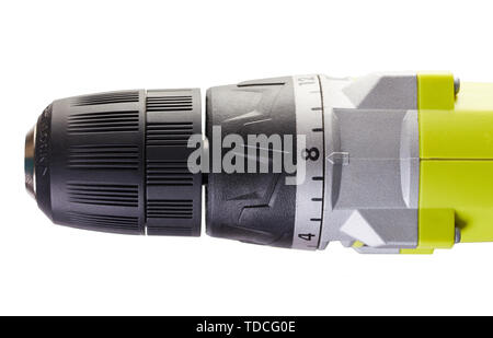 The part of the cordless screwdriver with keyless chuck is photographed from above and isolated on a white background Stock Photo