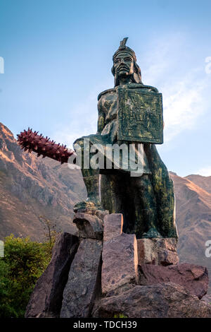 Cusco / Peru - May 29.2008: Statue of the peruvian king of Inca Pachacutec holindg large bludgeon in his hand. Stock Photo