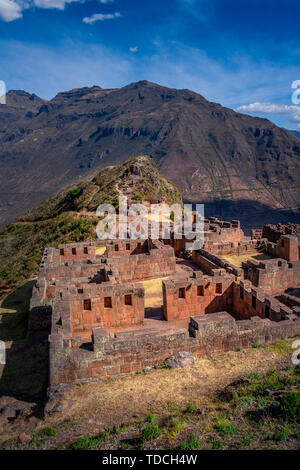 Inca archeological ruins of Pisac in the Sacred Valley near the Cusco city in Peru. Tourist destination. Stock Photo