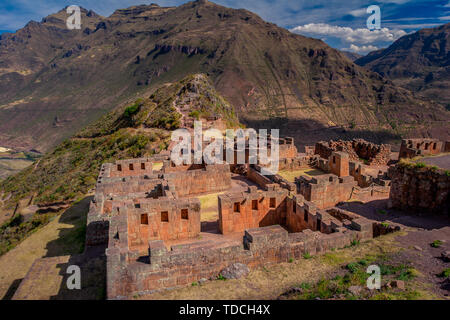 Inca archeological ruins of Pisac in the Sacred Valley near the Cusco city in Peru. Tourist destination. Stock Photo