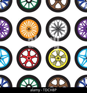 Seamless pattern. Different colored wheels. Creative transport background. Design theme for cars, any transports, technical ads, tire fitting, tire ch Stock Vector