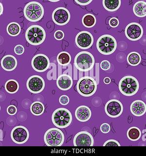 Seamless pattern. Purple background. Vector transport abstraction. Different colored wheels. Hand doodle. Automotive theme. Idea design for transport, Stock Vector