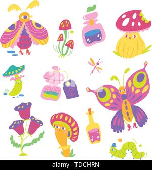 Funny vector fantasy sticker set  with cute wonderland elements.  Stock Vector