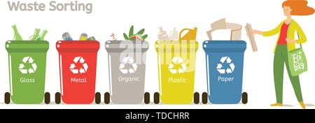 Vector waste sorting motivational vector illustration with woman sorting the waste. Stock Vector