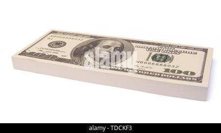 100 US Dollar bills bundles stack isolated on white background with clipping path Stock Photo
