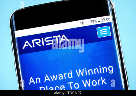 Berdyansk, Ukraine - 10 June 2019: Arista Networks website homepage. Arista Networks logo visible on the phone screen, Illustrative Editorial. Stock Photo