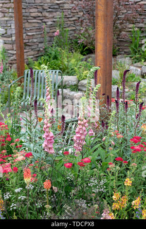 Elements of Sheffield garden Designed by Emily Barnes at RHS Chatsworth flower show 2019. Chatsworth, Derbyshire, UK Stock Photo