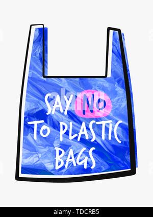 Pollution problem vector concept. Say no to plastic bag. Cartoon image of cellophane packet with signage calling for stop using polythene package. Slo Stock Vector