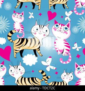 Seamless cartoon funny vector pattern of cats in love Stock Vector