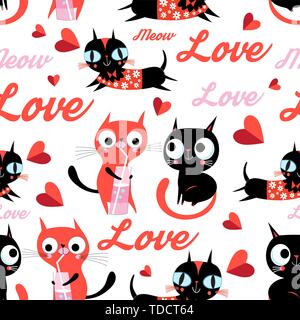 Seamless cartoon funny vector pattern of cats in love Stock Vector