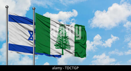 Northern Cyprus and Israel flag waving in the wind against white cloudy ...