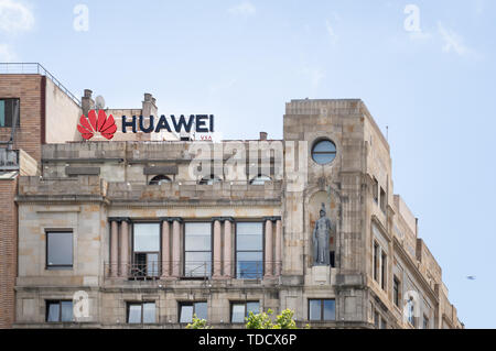 Barcelona, Spain. June 2019: Huawei Technologies Ad sing in a building on Plaza Catalunya. Stock Photo