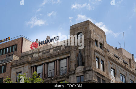 Barcelona, Spain. June 2019: Huawei Technologies Ad sing on a building in Plaza Catalunya. Stock Photo