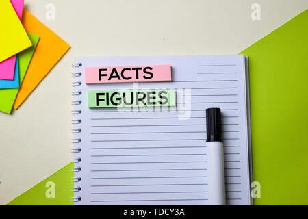 Facts and Figures text on top view office desk table of Business workplace and business objects. Stock Photo