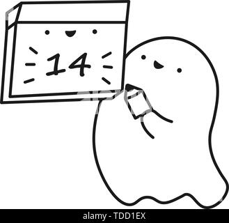 Funny ghost keeps calendar with the date of the month. Outline drawing. Vector illustration Stock Vector