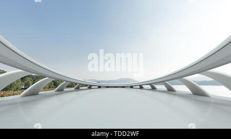 empty marble floor with beautiful lake in blue sky Stock Photo