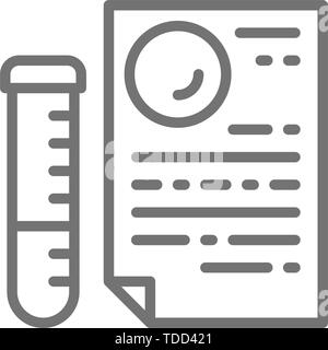 Medical glass tube with document, dna tests, paternity test result line icon. Stock Vector