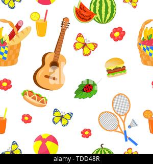 Vector seamless pattern with summer picnic set with food and outdoor entertainment on white background Stock Vector