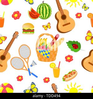Vector seamless pattern with summer picnic set with food and outdoor entertainment on white background Stock Vector