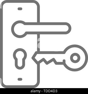 Door handle with key, lock line icon. Stock Vector