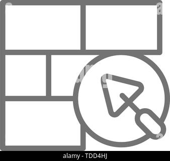 Brick wall with putty knife, repair bricklaying, construction line icon. Stock Vector