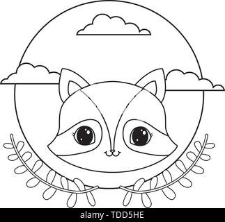 head of cute raccoon in frame circular with crown of leafs vector illustration design Stock Vector