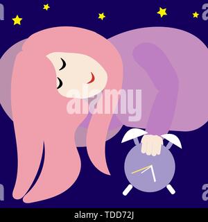 Sleeping happy woman with alarm clock in hand Stock Vector