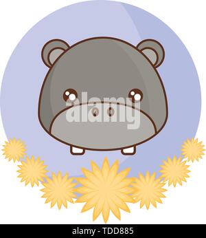 head of cute hippopotamus in frame with flowers vector illustration design Stock Vector