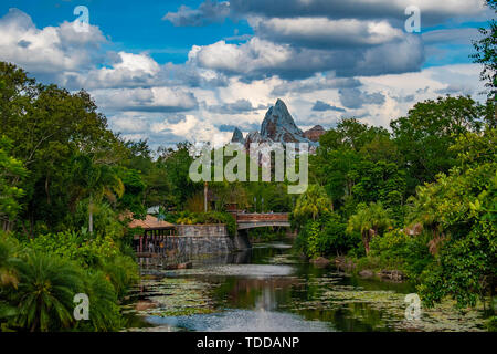 Orlando , Florida. May 03, 2019. Panoramic view of Expedition Everest mountain, river and rainforest in Animal Kingdom. Stock Photo