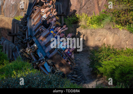 Orlando, Florida. April  29, 2019 People enjoying Expedition Everest rollercoaster , Legend of the Forbidden Mountain in Animal Kingdom Stock Photo