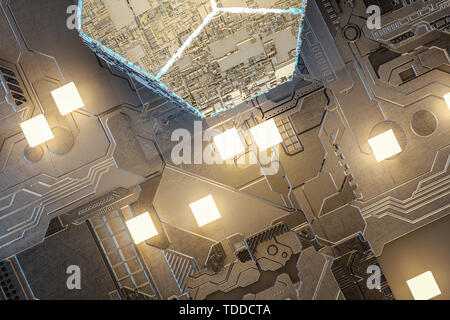 Circuit board with gold chip, 3D rendering Stock Photo