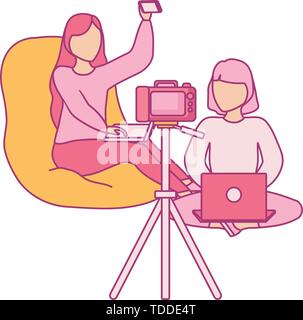 group women using laptop with photographic camera vector illustration design Stock Vector