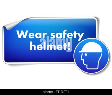 Wear safety helmet protection sticker with mandatory sign isolated on white background eps 10 Stock Vector